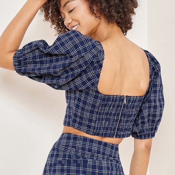 Lulus Get A Clue Navy Blue Plaid Coord TOP ONLY - Picture 3 of 4